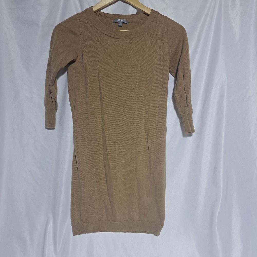 Uniqlo‎ Womens Small Merino Wool Round Neck Sweater Dress Tan